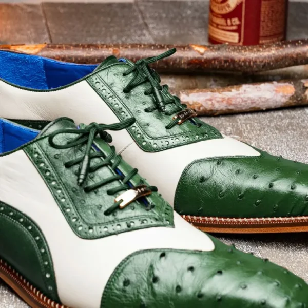Outlet Belvedere Sesto Genuine Ostrich Quill / Italian Leather Shoes Forest / Cream (R54)
