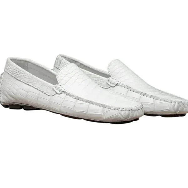 Outlet Calzoleria Toscana 4551 Crocodile Driving Shoes White