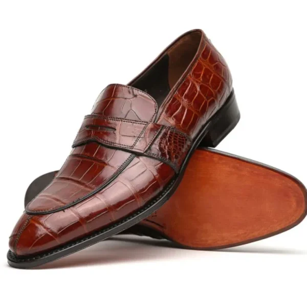 Outlet Caporicci 1208 Genuine Alligator Apron Toe Penny Loafers Gold