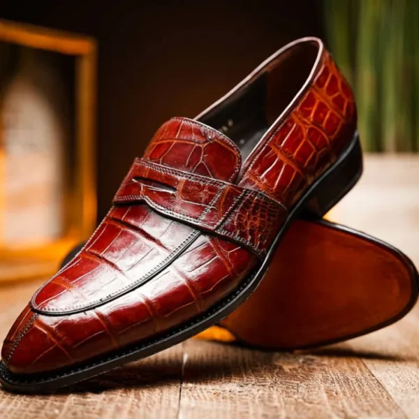 Outlet Caporicci 1208 Genuine Alligator Apron Toe Penny Loafers Gold
