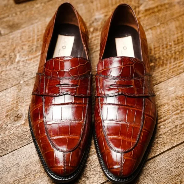 Outlet Caporicci 1208 Genuine Alligator Apron Toe Penny Loafers Gold