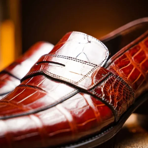 Outlet Caporicci 1208 Genuine Alligator Apron Toe Penny Loafers Gold