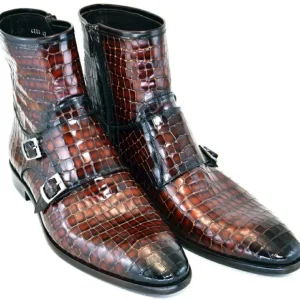 Flash Sale Corrente C2034-4604 Croc Print Zipper Side Buckle Boots Cognac