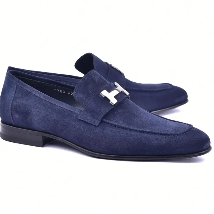 New Corrente C02005-5760 H Buckle Suede Loafers Blue