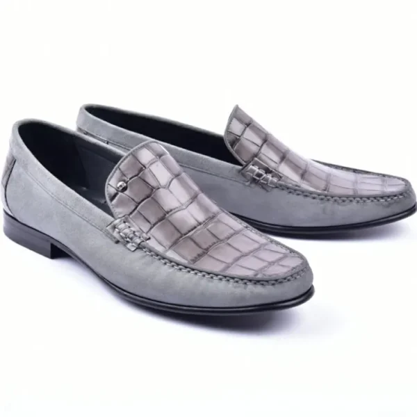 corrente_c_handsewn_suede_0-2.webp Flash Sale Corrente 3898C Handsewn Suede / Crocodile Print Loafers Grey