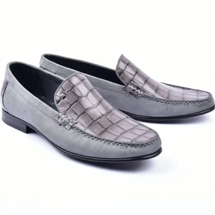 Flash Sale Corrente 3898C Handsewn Suede / Crocodile Print Loafers Grey