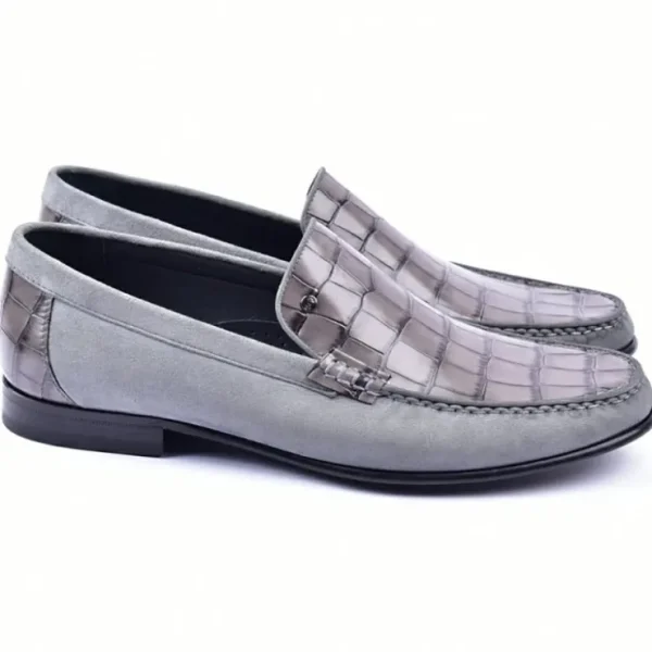corrente_c_handsewn_suede_1-2.webp Flash Sale Corrente 3898C Handsewn Suede / Crocodile Print Loafers Grey