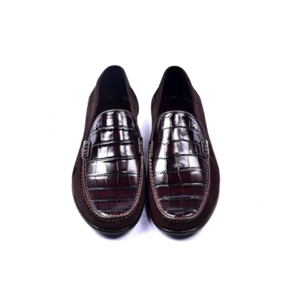 corrente_c_handsewn_suede_3-1.webp Store Corrente 3898C Handsewn Suede / Crocodile Print Loafers Brown