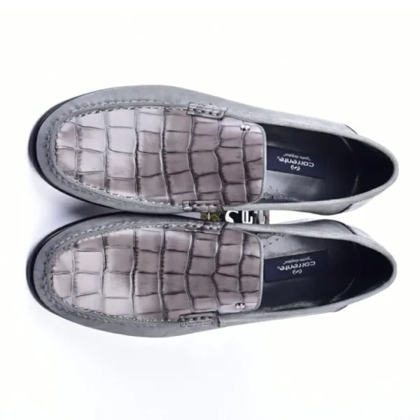 corrente_c_handsewn_suede_3-2.webp Flash Sale Corrente 3898C Handsewn Suede / Crocodile Print Loafers Grey