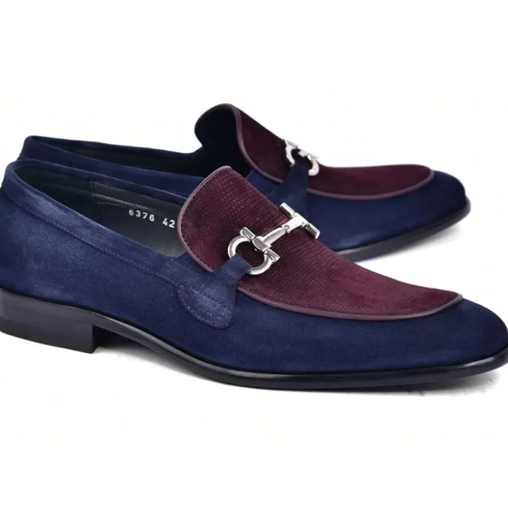 Outlet Corrente C11109-6376S Two Tone Suede Bit Loafers Navy / Burgundy