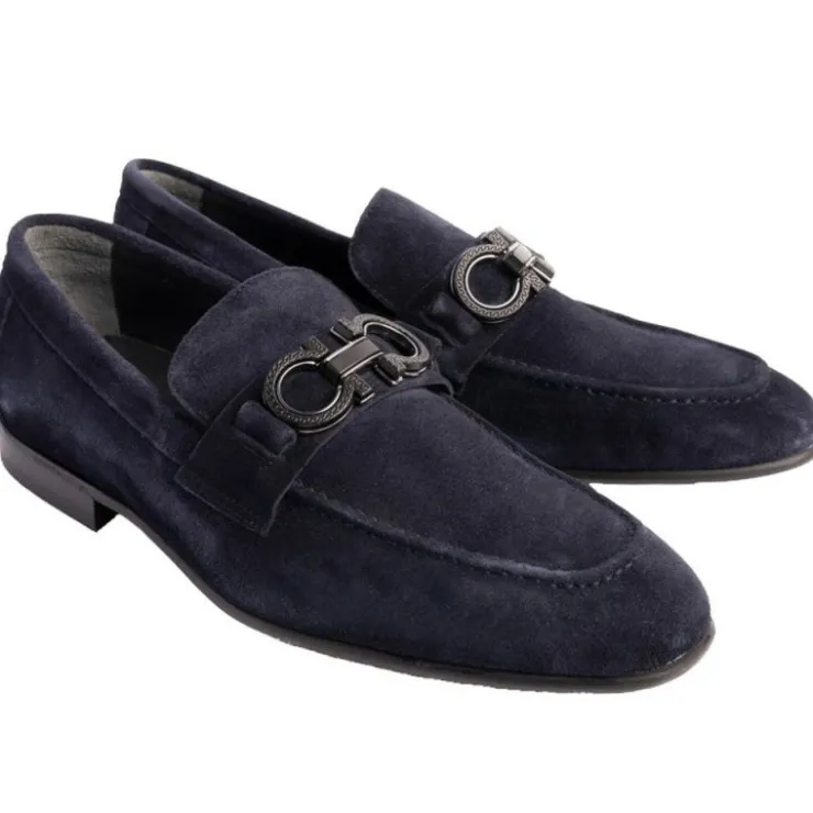 Outlet Corrente P00073 Chello Suede Buckle Loafers Navy