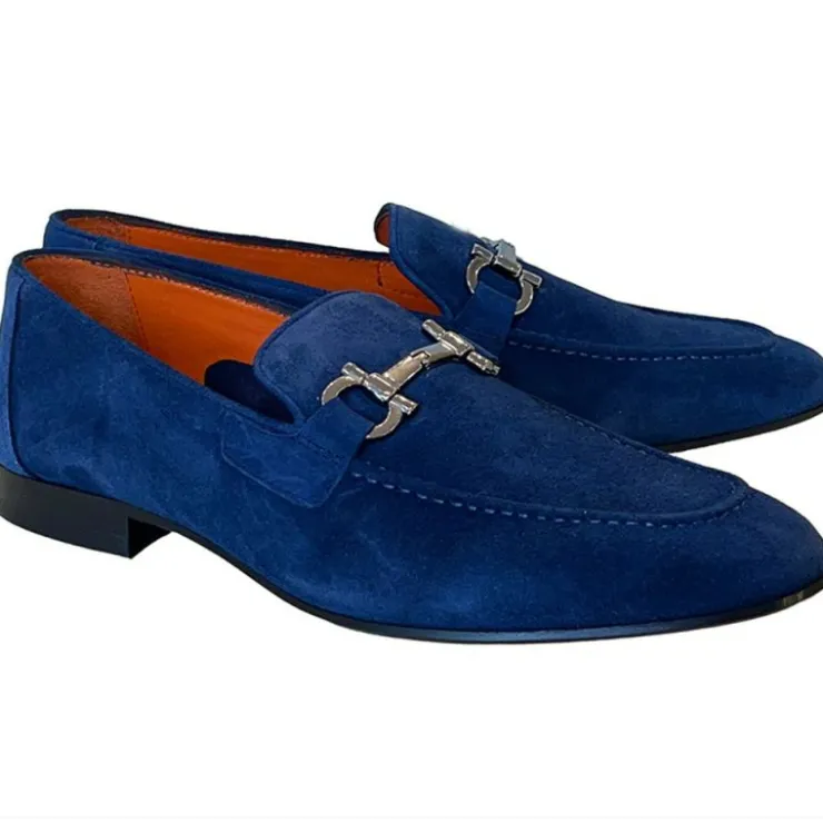 Sale Corrente P000658-6472 Suede Bit Buckle Loafers Blue