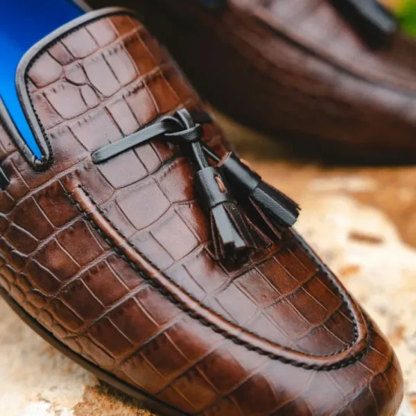 Shop Emanuele Sempre Crocco Tassel Loafers Dark Brown DarkBrown