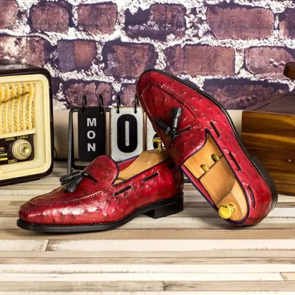 Sale Emanuele Sempre Ostrich Tassel Loafers Red/Black
