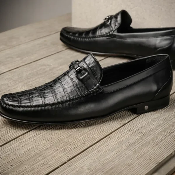 lombardy_belly_caiman_amp_1.webp Hot Lombardy Belly Caiman & Calfskin Bit Loafers Black
