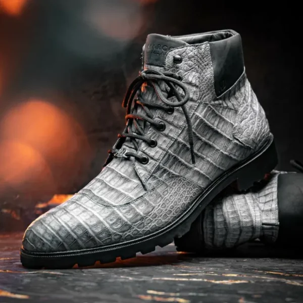 Hot Marco di Milano Leoni Caiman Crocodile Lace Up Boots Oil Gray OilGray