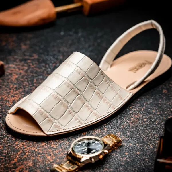 Shop Maseratti Naples Embossed Caiman Minorca Sandals Oryx
