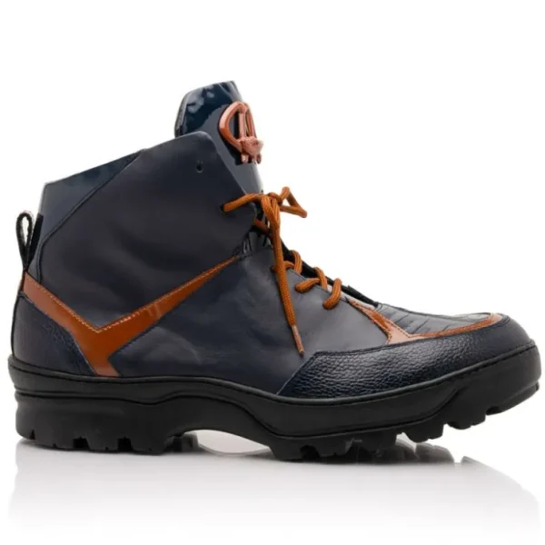 Shop Mauri 8439 Baby Croc / Patent Leather / Nappa Boots Wonder Blue & Cognac (Special Order) WonderBlue&Cognac