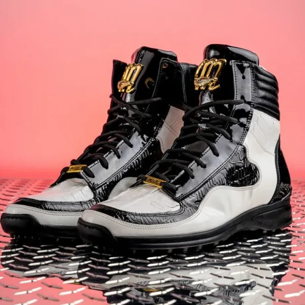mauri__baby_crocodile__os_3.webp Online Mauri 8401 Baby Crocodile / Ostrich Leg / Embossed Patent Sneakers White / Black (Special Order)