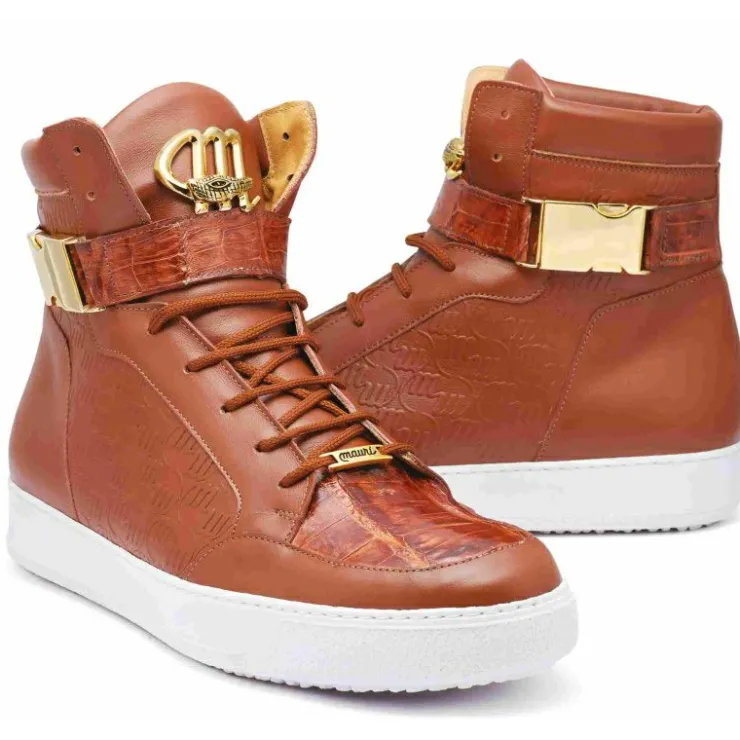 Clearance Mauri 8500 Crocodile / Patent / Nappa High Top Sneakers (Special Order) Cognac