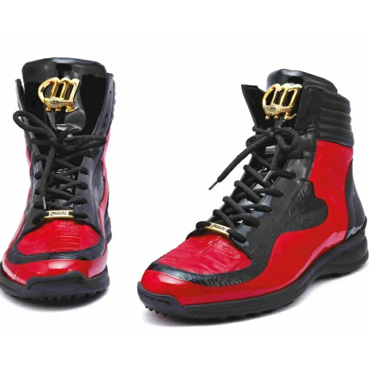 Cheap Mauri 8401 Flash Crocodile & Ostrich High Top Sneakers Black / Red (Special Order) Black/Red