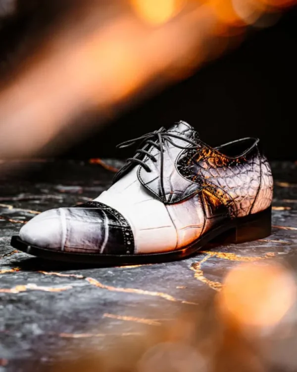mauri__flawless_alligator_3-1.webp Discount Mauri 1087/2 Flawless Alligator Cap Toe Derby White / Dirty Black