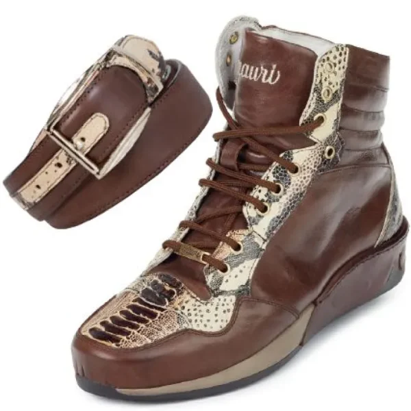 New Mauri M727 Elio Calf / Ostrich / Printed Python High Top Sneakers (Special Order) Brown