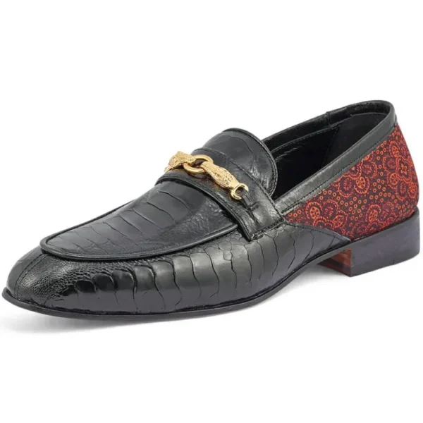mauri_monet__ostrich_leg__1.webp Flash Sale Mauri Monet 4946 Ostrich Leg and Matahari Fabric loafers Black / Coral