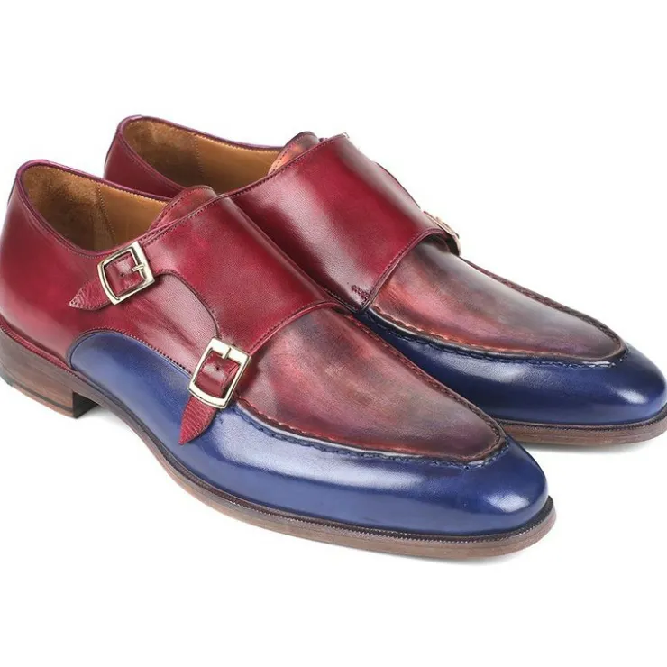 New Paul Parkman Calfskin Double Monk Strap Shoes Blue & Bordeaux Blue/Bordeaux