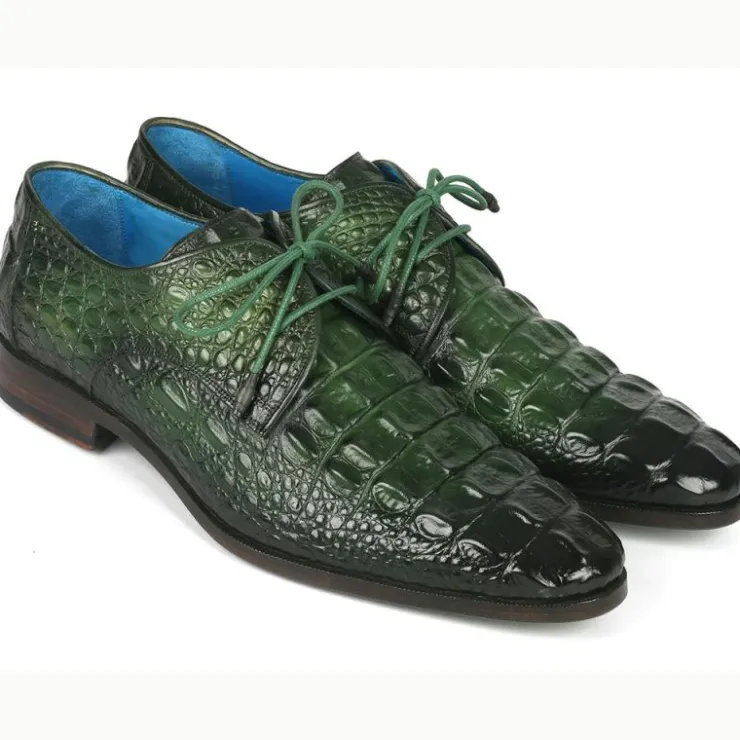 New Paul Parkman Croco Textured Leather Derby Shoes Green