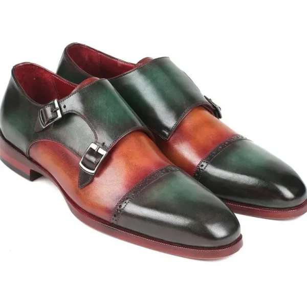 paul_parkman_leather_doub_0-2.webp Outlet Paul Parkman Leather Double Monk Strap Shoes Green & Camel Green/Camel