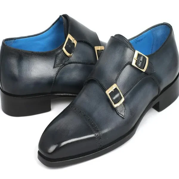 Shop Paul Parkman Leather Monk Strap Shoes Navy