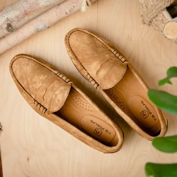 New T.B. Phelps TB Phelps Preston Safari Leather Penny Loafers Tan