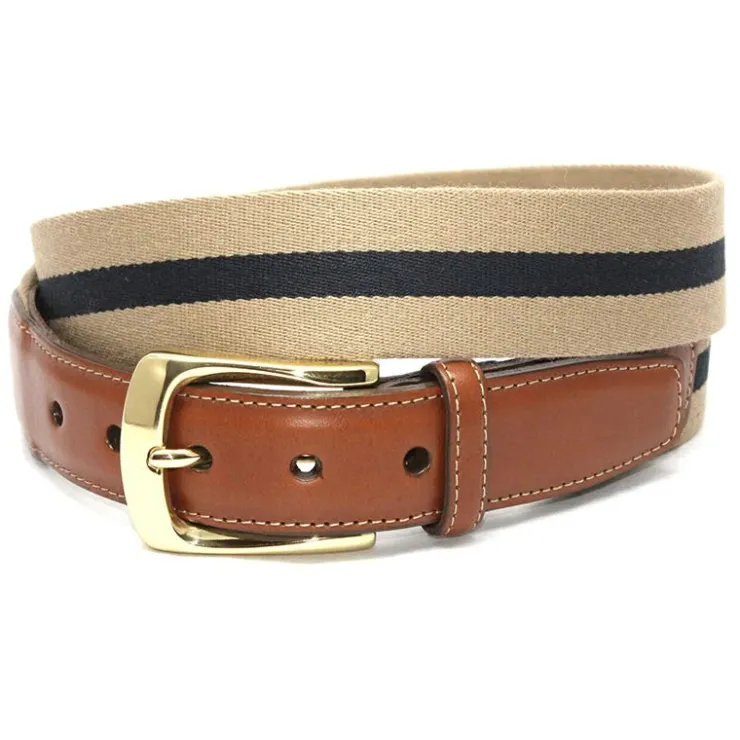Fashion Torino Leather European Ribbed Stripe Surcingle Belt Camel Navy CamelNavy