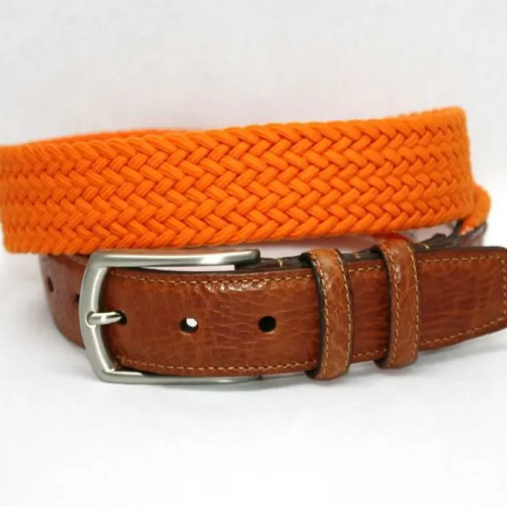 Sale Torino Leather Italian Woven Cotton Elastic Belt - orange
