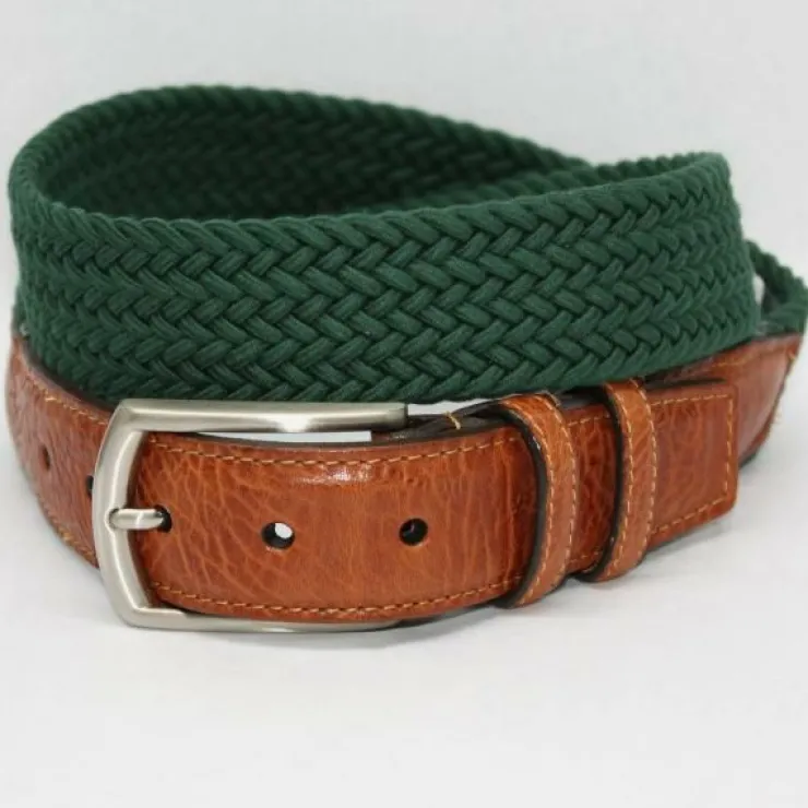 Discount Torino Leather Italian Woven Cotton Elastic Belt - forest