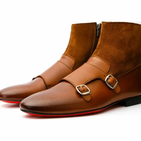 vinci_leather_preston_cog_1.webp Clearance Vinci Leather Shoes Vinci Leather Preston Leather / Suede Double Monk Strap Ankle Boot (C-9058) Cognac