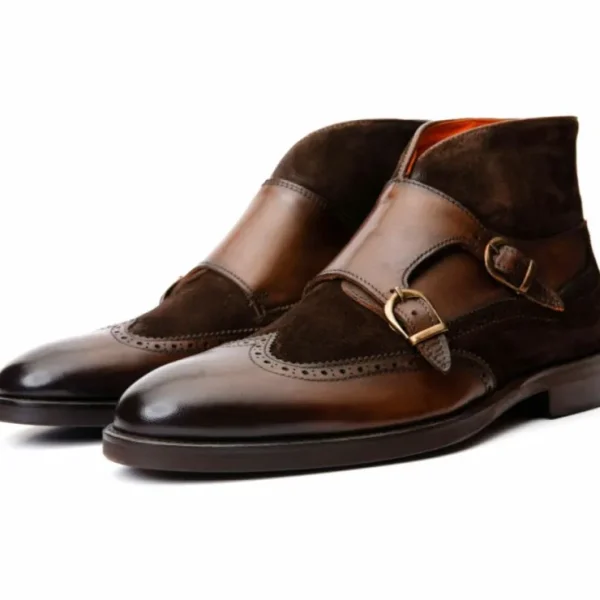 Cheap Vinci Leather Shoes Vinci Leather The Albus Leather / Suede Double Strap Monk Brogue Boot (X-559 (549-113)) Brown