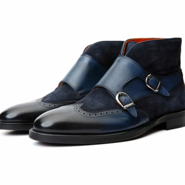 vinci_leather_the_albus_n_1.webp Sale Vinci Leather Shoes Vinci Leather The Albus Leather / Suede Double Strap Monk Brogue Boot (X-559 (549-12)) Navy