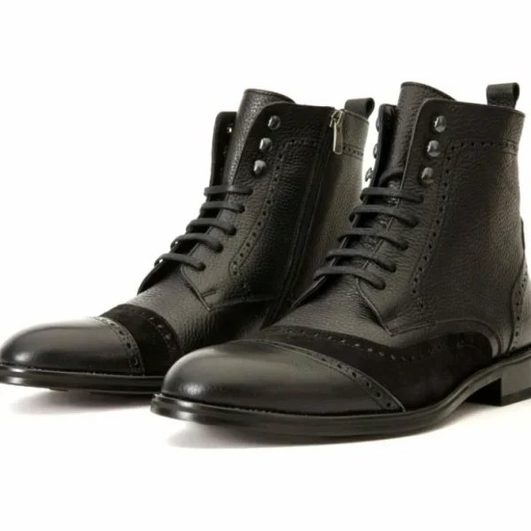 Discount Vinci Leather Shoes Vinci Leather The Anderson Leather / Suede Brogue Lace-up Boot With A Zipper (14559) Black