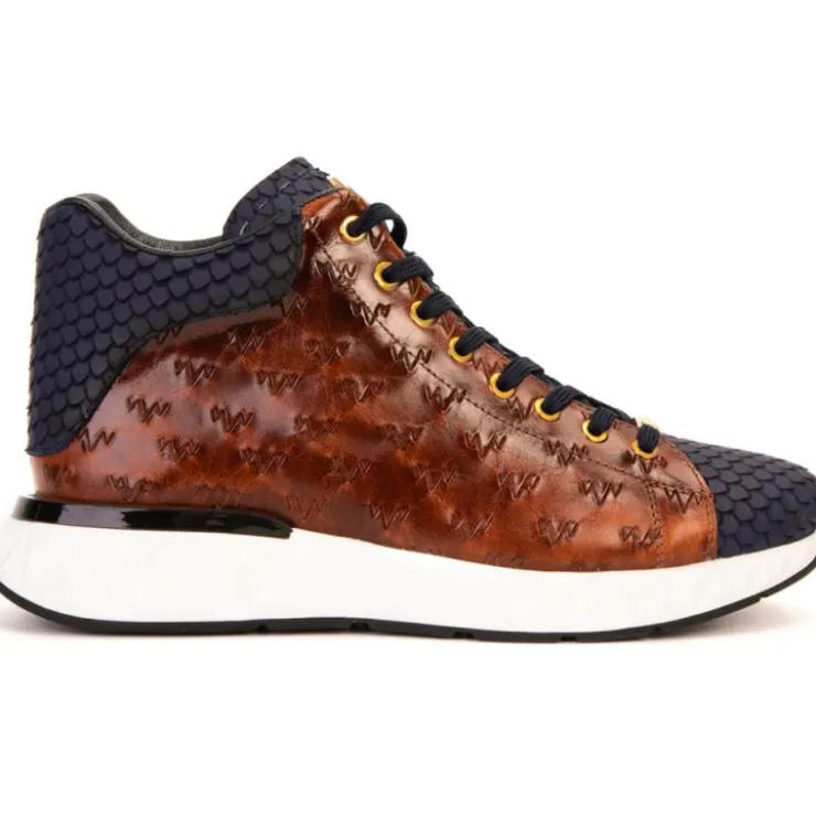 Hot Vinci Leather Shoes Vinci Leather The Caesars Leather High-Top Sneaker Brown / Navy