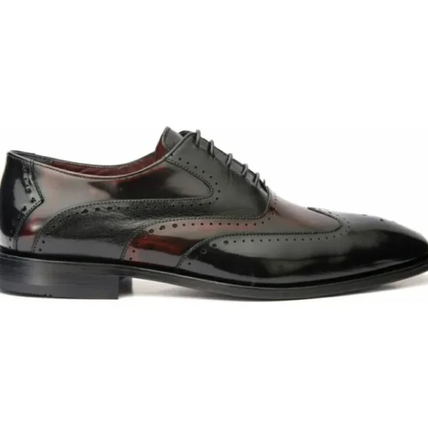 Online Vinci Leather Shoes Vinci Leather The Dicle Black / Burgundy Wingtip Semi Brogue Derby Shoe (16010)