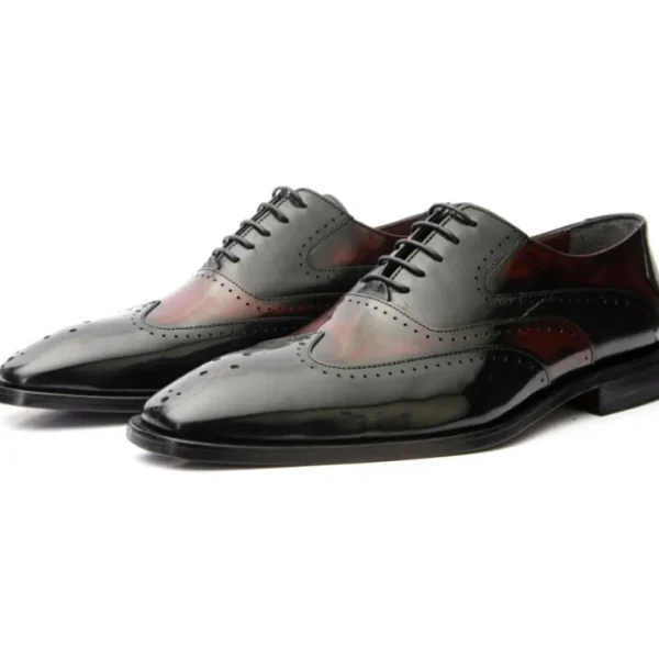 Online Vinci Leather Shoes Vinci Leather The Dicle Black / Burgundy Wingtip Semi Brogue Derby Shoe (16010)