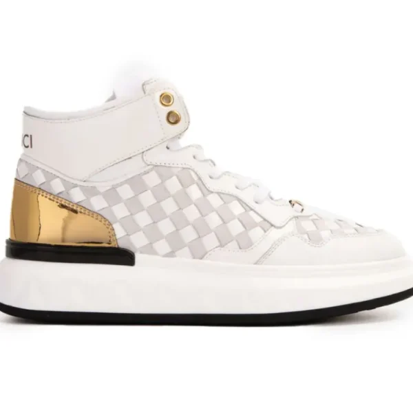 vinci_leather_the_eugene__0-1.webp Online Vinci Leather Shoes Vinci Leather The Eugene Woven Leather High-Top Sneaker White / Gold