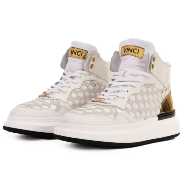 vinci_leather_the_eugene__1-1.webp Online Vinci Leather Shoes Vinci Leather The Eugene Woven Leather High-Top Sneaker White / Gold