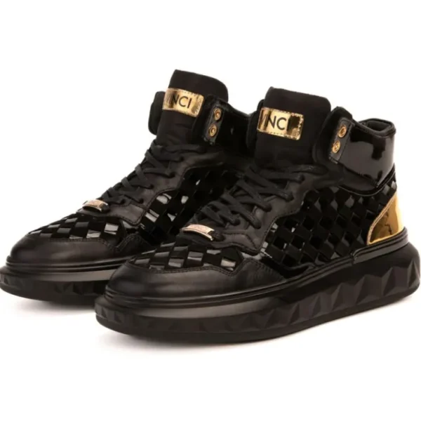 vinci_leather_the_eugene__1.webp Discount Vinci Leather Shoes Vinci Leather The Eugene Woven Leather High-Top Sneaker Black / Gold
