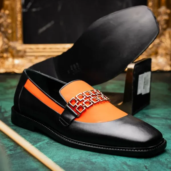 Hot Vinci Leather Shoes Vinci Leather The Gemena Black / Orange Shoe Bit Dress Loafer