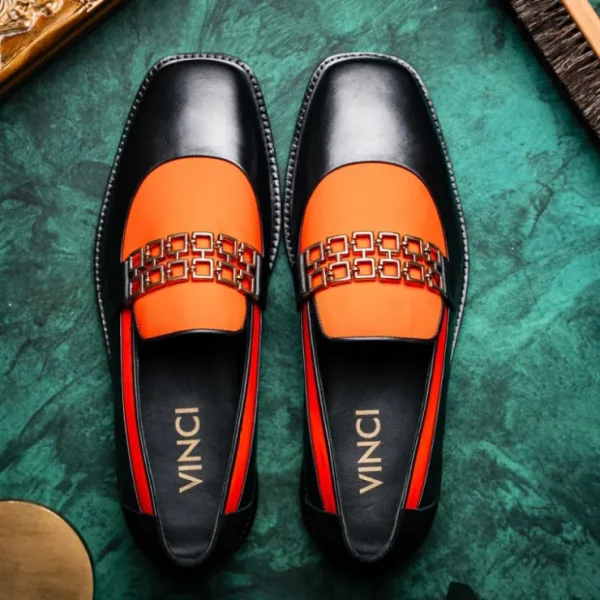 Hot Vinci Leather Shoes Vinci Leather The Gemena Black / Orange Shoe Bit Dress Loafer