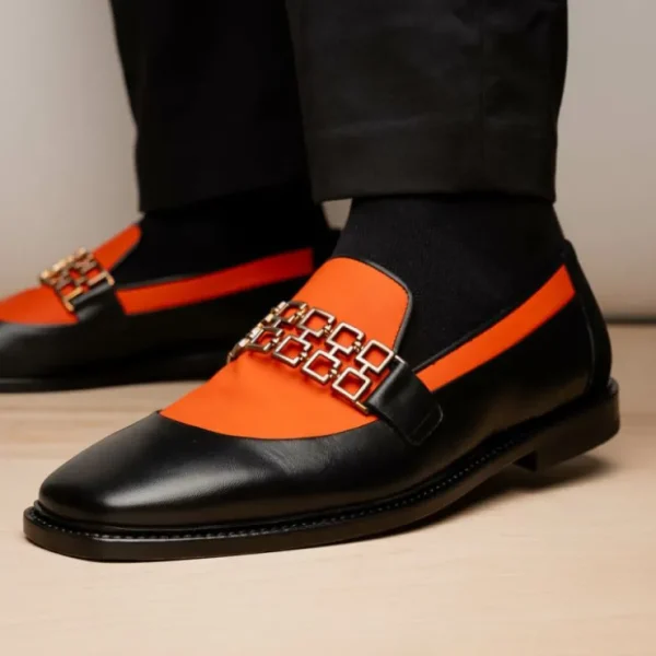 Hot Vinci Leather Shoes Vinci Leather The Gemena Black / Orange Shoe Bit Dress Loafer