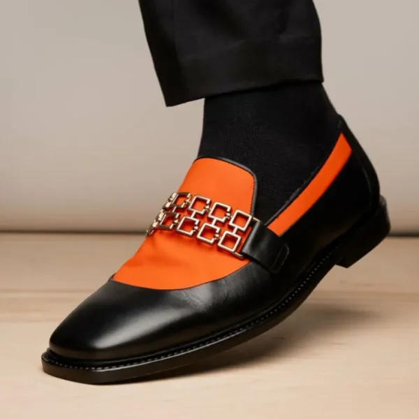Hot Vinci Leather Shoes Vinci Leather The Gemena Black / Orange Shoe Bit Dress Loafer